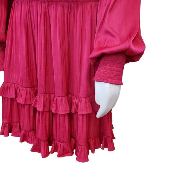 Evereve Hailey Hot Pink Fit & Flare Mini Dress Size L Long Sleeve Tiered Satin - Picture 3 of 9